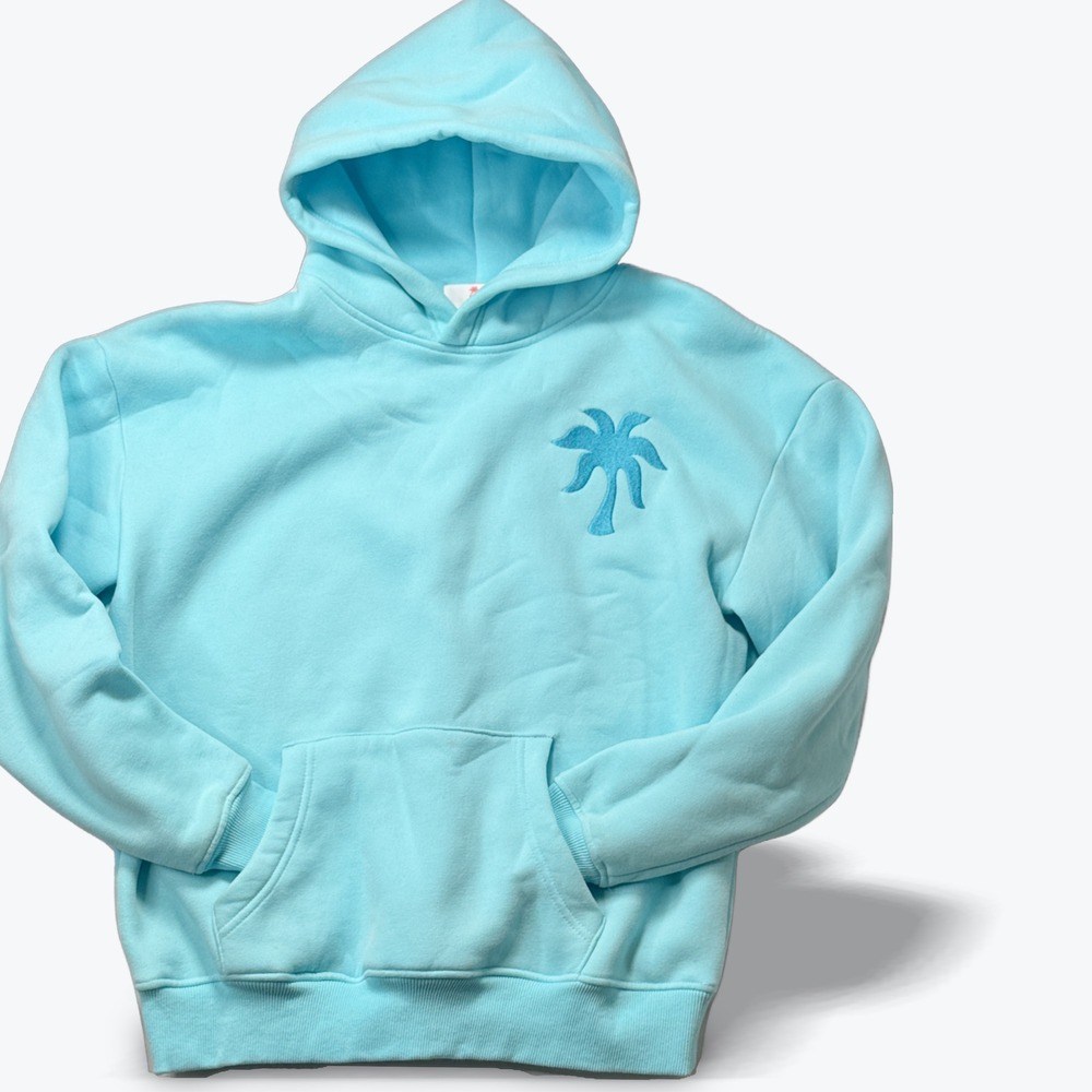 Pink Palm Puff Hoodie Hawaii Hibiscus Aquamarine Embroidered Tropical XS